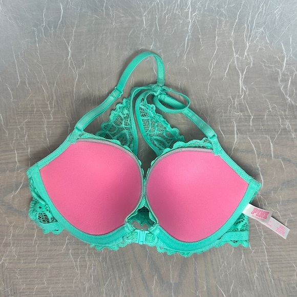 3/$20💥 Victoria’s Secret PINK Bra Teal Blue Lace Date Racerback Padded Push Up - Picture 5 of 14